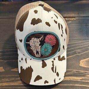 Cow Print Trucker Hat with Floral Patch
